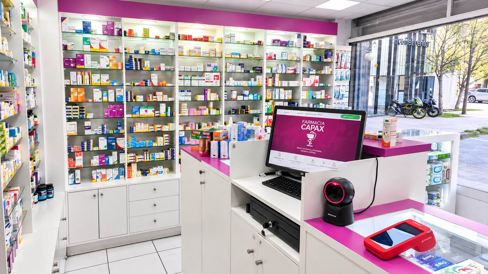 Interior de Farmacia Capax: mostrador de atención